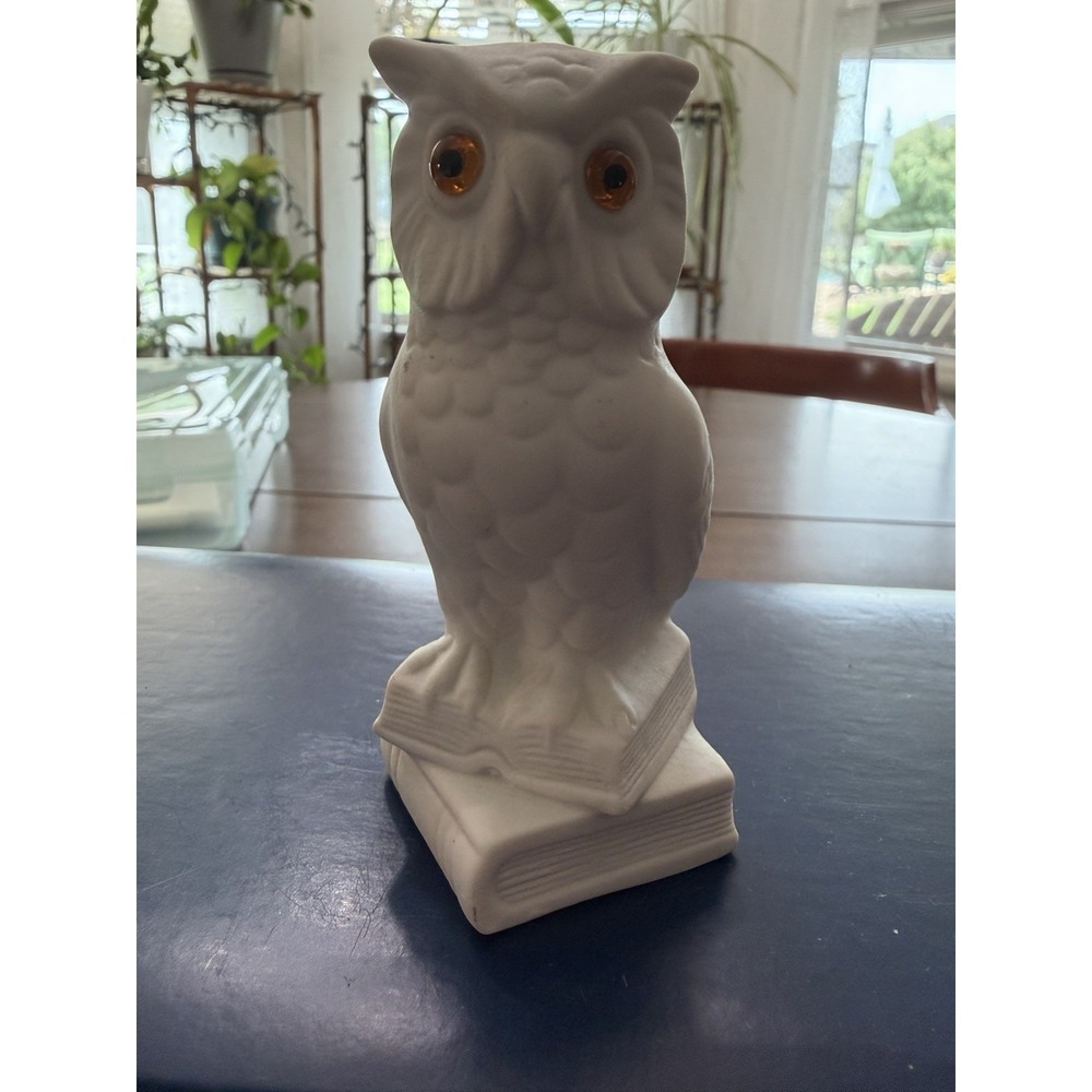 Vintage White Bisque Porcelain Owl On Books Glass‎ Eyes Witchy 5"